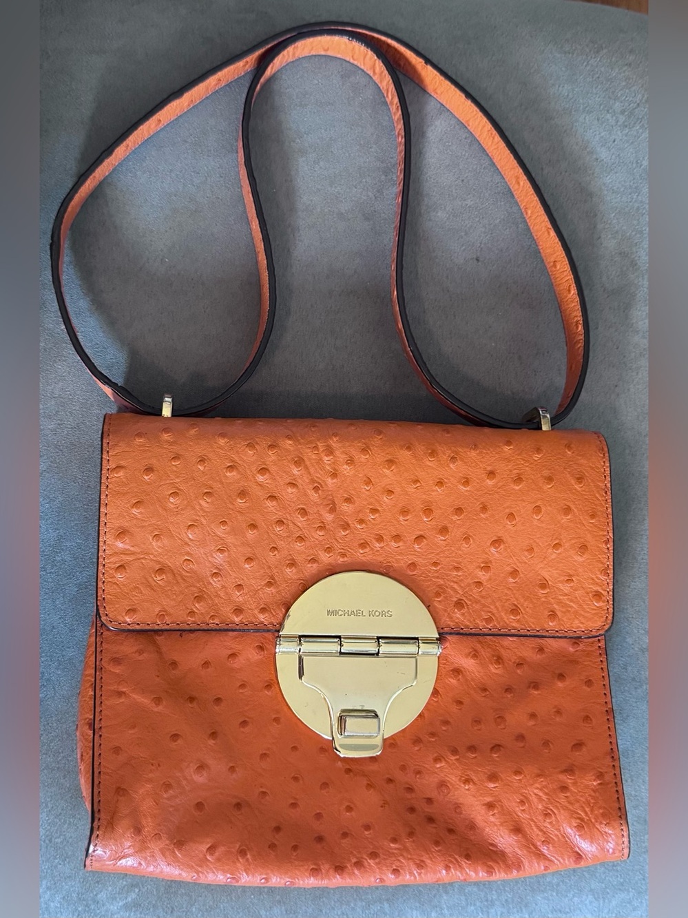 Michael Kors Orange Ostrich-Texture Leather Purse with Gold-Tone Lock